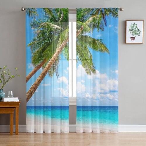 Coconut Tree Beach Window Treatment Tulle Modern Sheer Curtains for Kitchen Living Room the Bedroom Curtains Decoration