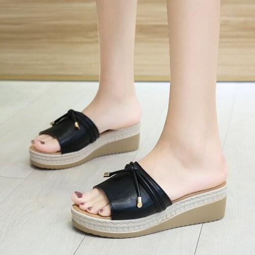 Zapatos De Mujer Womens Summer Footwear Ladies Fashion Bow Slip Heel Open Toe Platform Sandals Outdoor Casual Slippers U24-40