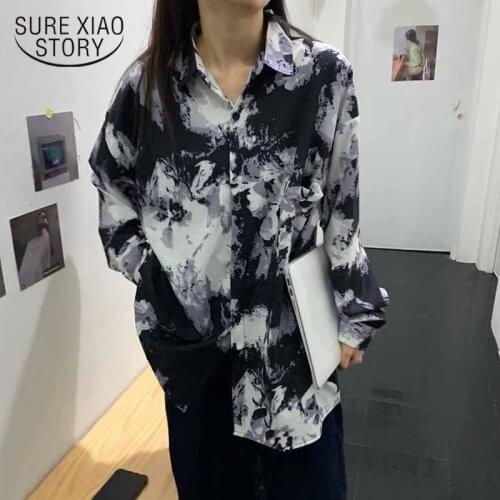 Women Long Sleeve Lapel Chiffon Shirt Print All-match Top Plus Size Autumn Korean Style New Loose Mid-length Blouse Blusas 11773