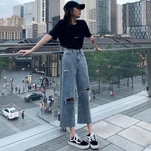 Womens pants spring and summer traf Pants fashion hole straight all-match jeans loose and thin nine points y2k Womens jean