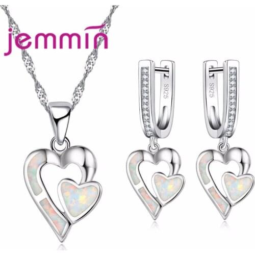 Top Quality White Opal Pendants Necklace And Earrings 925 Sterling Silver Heart Bridal Wedding Jewelry Set For Woman