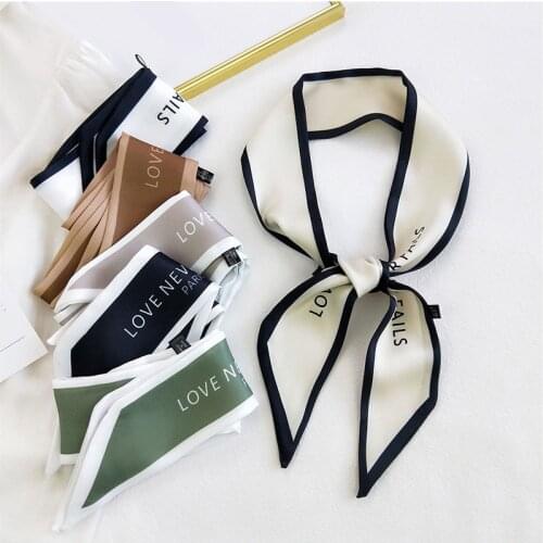 Women Narrow Long Scarf 100x6cm Elegant Satin Silk Tie Letter Print Bag Ribbon Headband Choker Decorative Neckerchief Scarf 2021