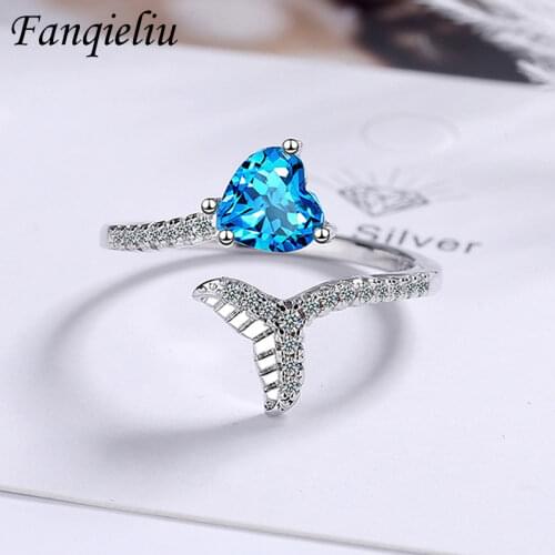 Fanqieliu Opening Cuff Ring Blue Crystal Fish Tail Real 925 Sterling Silver Rings For Women FQL20449