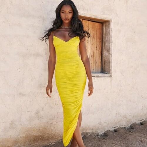 HQBORY Yellow Spaghetti Strap Open Fork Dresses Elegant Woman Party Dresses Sexy V Neck Drap Maxi Bodycon Dress Vestidos