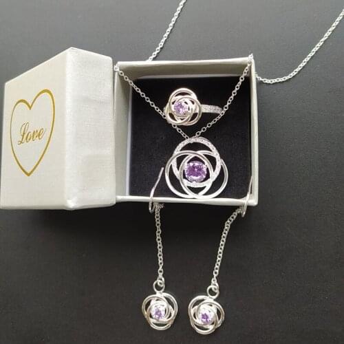 1 Set With Box Earrings Pendant Necklace Rings Size 8 Purple Birthday Gift Silver Color Women Crystal Stone Zirconic Jewelry Set