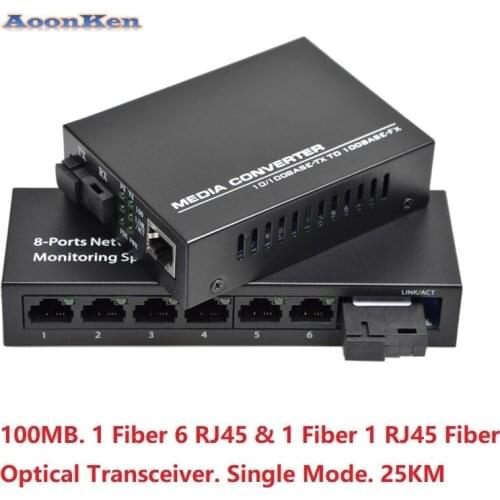 100M 1 Fiber Port Optical Media Converter Single Mode 25KM 6 RJ45 Ports and 1 SC Fiber Port 1 RJ45 Fibre Optical Transceiver