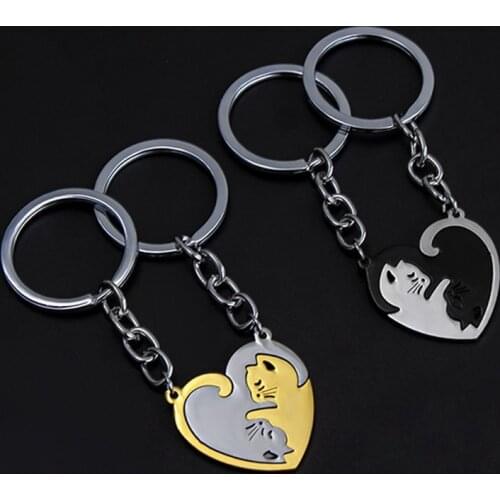 2Pcs/Set His Hers Matching Puzzle Yin Yang Cat Couples Keychains Stainless Steel Heart Key Ring BFF Couple Key Chain Jewelry
