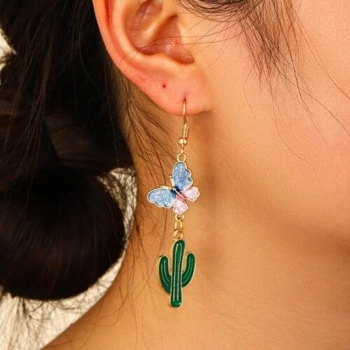 2021 Wholesale Cute Dripping Butterfly Cactus Pendant Dripping Plant Golden Alloy Pendant Earrings Jewelry for Women Girl Gift