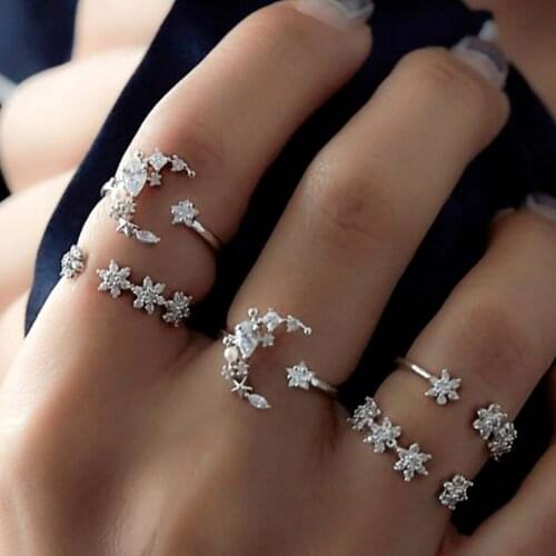 5 Pcs Stack Rings Crystal Joint Rings Star Moon Pattern Design Knuckle Nail Ring Set for Women (Silver)