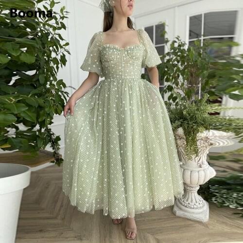 Booma Green Gingham Tulle Midi Prom Dresses Short Puff Sleeves Flowers Tea-Length A-Line Party Dresses Open Back Holiday Dresses