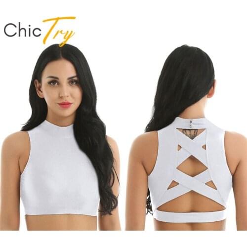 ChicTry Sleeveless Solid Color Strappy Back Dancewear Adult Women Casual Crop Tops Adult Sports Gymnastics Ballet Dance Costumes