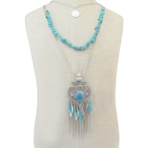Gypsy Multilayers Blue Beads Statement Necklaces for Women Boho Geometric Long Coin Tassel Necklace Turkish Jewelry
