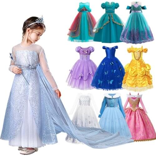Disney Children Ball Gown Dress Frozen Elsa Mermaid Princess Cosplay Jasmine Costume Dress Girls Birthday Halloween Clothes