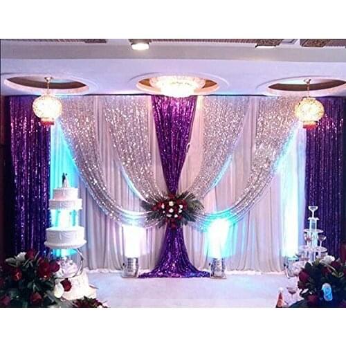 Hotsale Pure White Wedding Backdrop with silver and purple shiny sequin 10ft (H) x 20ft (L)