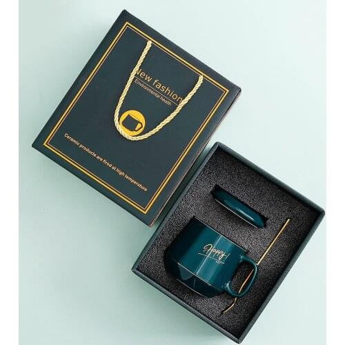 Ceramic mug with spoon office coffee cup home milk breakfast cup gift box diamond cup