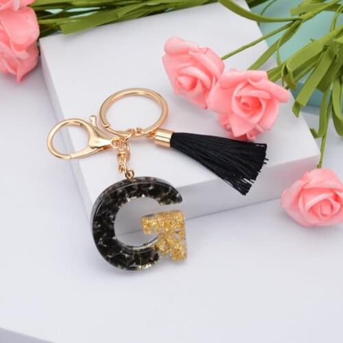 Creative Epoxy English Letter Gold Foil Arylic Keychain Women Key Chains Ring Car Bag Tassels Pendent Charm Gift Accessory