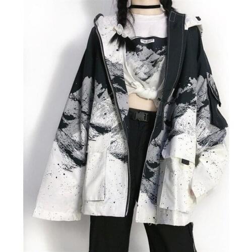 Korean version of the snow mountain print jacket women autumn new loose hooded work jacket windbreaker