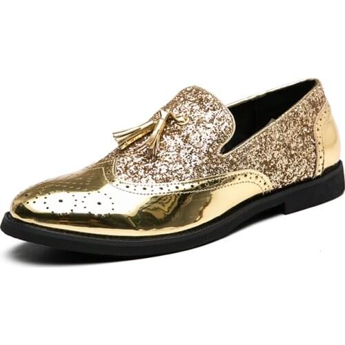 2021 Spring Luxury Brand Design Mens Dress Shoes Shiny Gold PU Leather Loafers Tassels Formal Sequin Brogue Shoes Plus Size 48