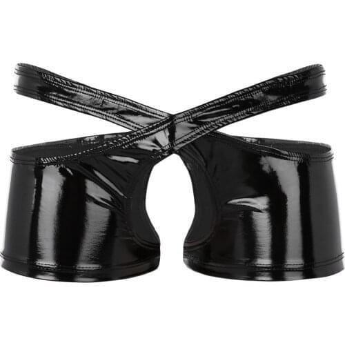 Men Latex Underwear Black Wetlook Faux Leather Low Rise Open Crotch Crotchless Two Symmetrical Halves Boxer Male Sexy Panties