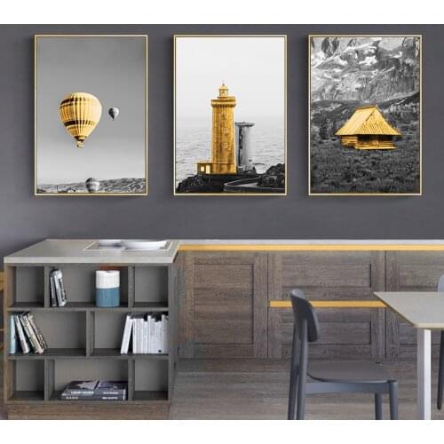 Black Yellow Balloon Lighthouse Wall Art Canvas Painting Landscape Posters and Prints Scenery Picture for Living Room Home Decor