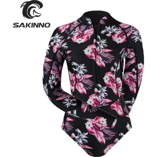 2mm Neoprene Wetsuit One Piece Swimsuit Rashguard Printed Long Sleeve Surfing Swimming Snorkeling Bathing Suit Shorty Womens