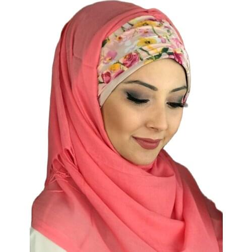 New Fashion 2021 Islamic Headscarf Turban Womans Hat Spring Summer Scarf Bonnet Coral Color Floral Shirring Ready Made Shawl