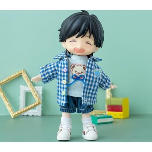 Ob11 doll clothes blue plaid shirt cardigan short-sleeved T-shirt pants suit for Obitsu11, GSC, molly, 1/12bjd clothes for doll
