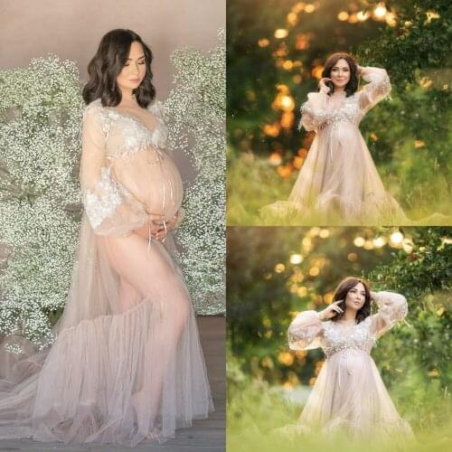Elegant Illusion Maternity Robes Women Long Sleeve Photoshoot Lace Appliques Dress Formal Event Overlay Sleepwear