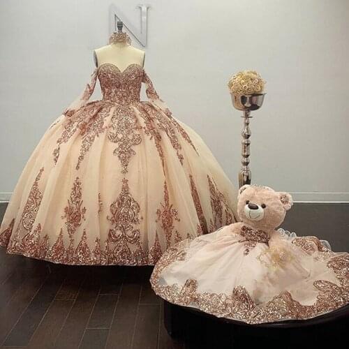 Rose Gold Sparkly Quinceanera Dresses ruffles tiered skirt lace-up top Sweetheart Sequines Applique Sweet 16 Dress Party Wear