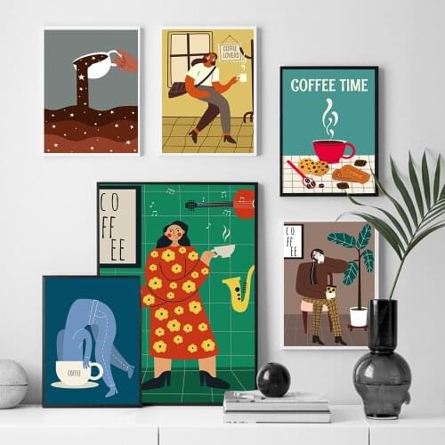 Nordic Poster Girl Relax with Coffee Prints Cartoon Coffee Time Quote Wall Art Canvas Painting Decor Pictures For Kitchen Room