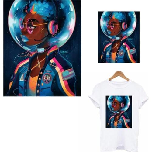 Space Afican Girl Thermal Sticker Patches On Clothes DIY Washable Iron-on Transfer For Clothing Fashion Girl T-shrit Appliqued