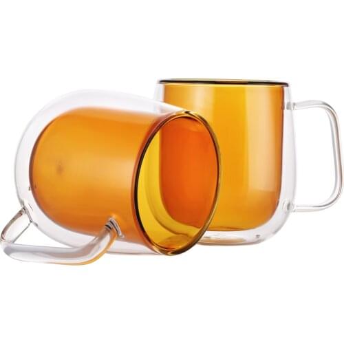 2pcs/pair Clear Amber Double Wall Glass Cup with Handle Heat Resistant Coffee Mug Brown Insulated Cold-Hot Milk/Tea/Beer/Vodka