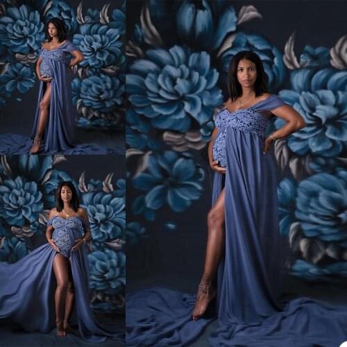 Navy Blue Lace Pregnant Prom Maternity Sleepwear Dress Nightgowns For Photoshoot Lingerie Bathrobe Nightwear
