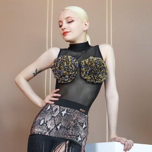 Latin Dance Practice Clothes WomenS New See-Through Mesh One-Piece Flower Bust Top Chacha Latin Dance Performance Wear DN9047