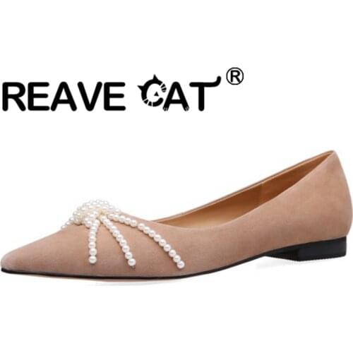 REAVE CAT 2021 Kid Sueder Pumps Beading Pointed Toe Lofers Flats Slip On Shallow 1.5cm Chunky Heel Shoes US8 Apricot Black A4258