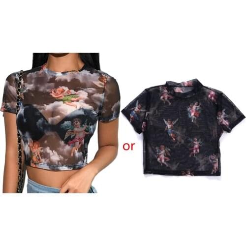 Women Summer Short Sleeve Turtleneck Crop Top Funny Colored Angel Cupid Printed T-Shirt Hollow Out Sheer Mesh Net Festival N2UE
