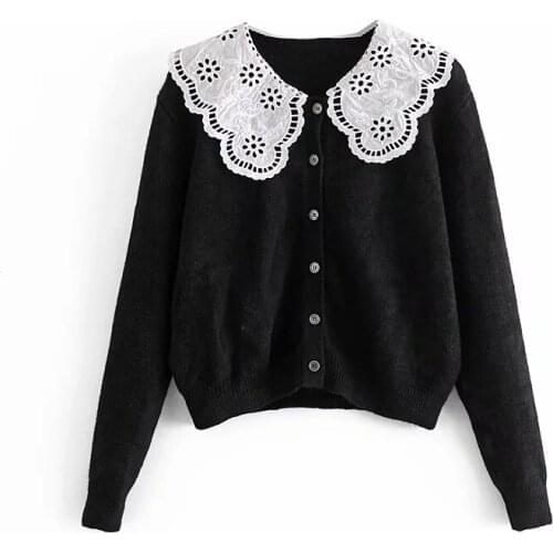 Women New Sweet White Embroidery Lotus Leaf Large Lapel Black Sweater Female Simple Single-Breasted Long-Sleeved Top