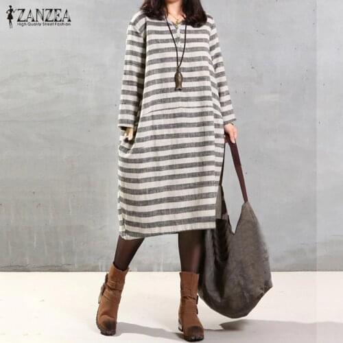 ZANZEA Women Dress 2016 Autumn Casual Loose Vintage Stripe Dresses V Neck Long Sleeve Mid-Calf Cotton Vestidos