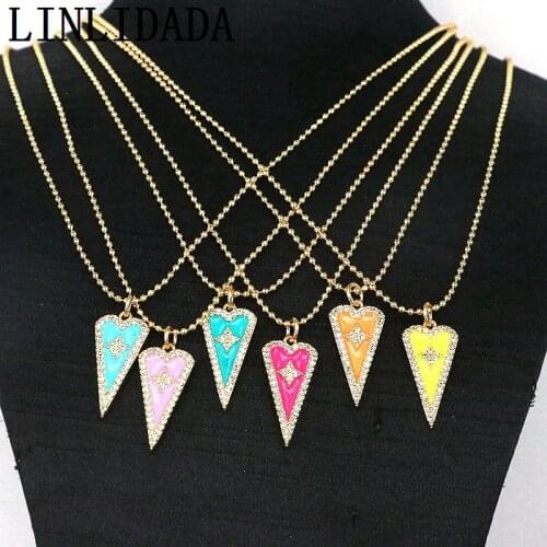 10Pcs Gold Short Bead Chain Copper CZ Heart Necklace Colorful Cute Enamel Pendant Necklace Accessories For Women