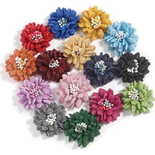 200Pcs 1.4" Hair Flower Glitter Hair Accessories for Baby Girls Headbands Fabric Flowers Boutique For DIY Supplies