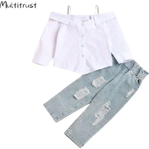 2020 Fashion Toddler Kids Girls Clothes Sets Off Shoulder Long Sleeve Single Breasted Tops +Denim Hole Pants 2pcs Size 1-7Y