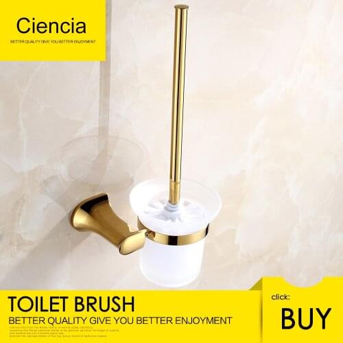 Free Shipping Ciencia Brass Golden Toilet Brush with Holder Wall mounted Self adhesive and Drilling Toilet Brush set
