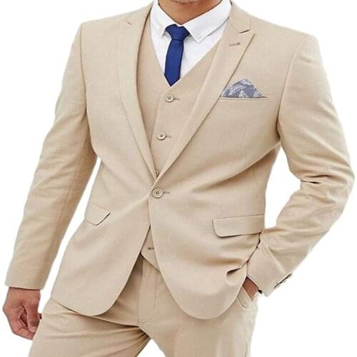 Beige Peak Lapel Wedding Suits For Men Slim Fit Mens Business Casual V Neck Vest Costume Formal Terno Masculino Clothing