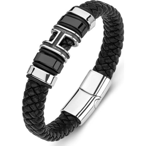 Fashion Punk Men Bracelet Braided Leather Hand Bangles Stainless Steel Letter H Magnetic Clasp Wristband Party Jewelry Gift P178