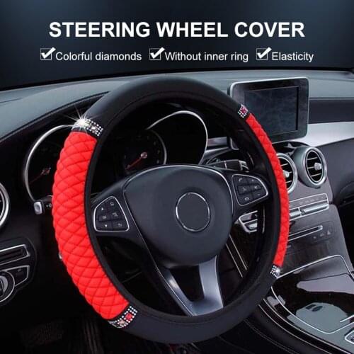 15 inch Universal Steering Wheel Cover Faux Leather with Rhinestones Embroidery Color Elastic Car Styling Interior Accessories