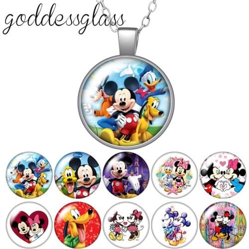 Disney Mickey Minnie Mouse Pluto Cute Round Glass glass cabochon silver plated/Crystal pendant necklace jewelry Gift