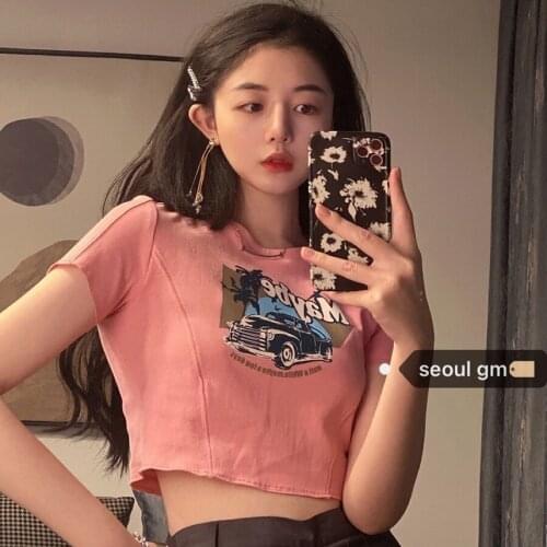 Summer Y2K Girl Pink Hot Girl Style Retro Print Slim Thin Short Wild Short Sleeve T-Shirt Women