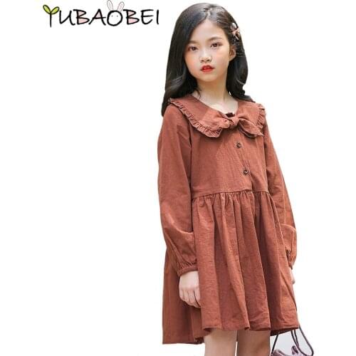 Cotton Linen Dress New 2020 Autumn Bowknot Tenager Princess Dress Children Clothes Brown Solid Long Sleeve Korean Big Girl Dress