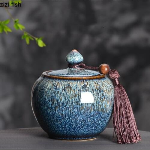 Ceramics Tea Caddy Home Small Tea Box Kiln Change Blue Storage Tank Portable for Travel Tea Container Decoration Food Sealed Can