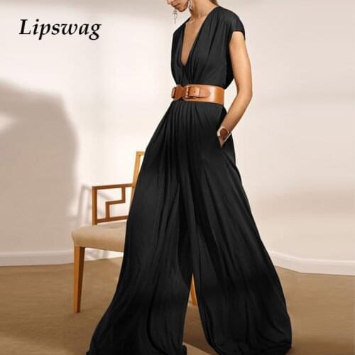Summer Elegant Soft Wide Leg Jumpsuit 2021 Fashion Casual Pocket Lady Party Romper Women Sexy V-Neck Sleeveless Loose Playsuits